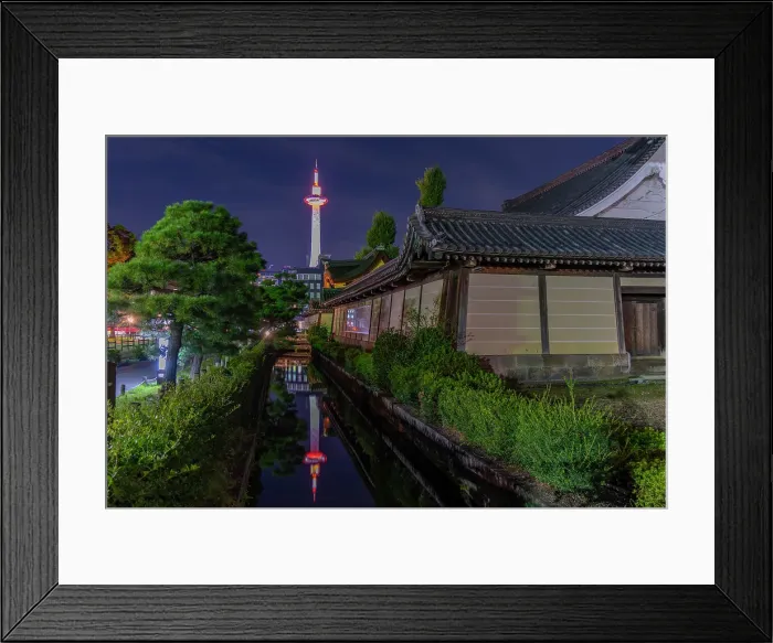 Framed Print : View of Nidec Kyoto Tower from Higashi Hongan-ji Temple at night, Shimogyo Ward, Higashishiokoji Kamadonocho, Kyoto, Honshu, Japan