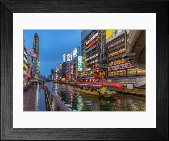 Framed Print : View of tour boat and colourful adverts in Dotonbori, vibrant entertainment district near the river at dusk, Osaka, Honshu, Japan Framed Print : View of tour boat and colourful adverts in Dotonbori, vibrant entertainment district near the river at dusk, Osaka, Honshu, Japan