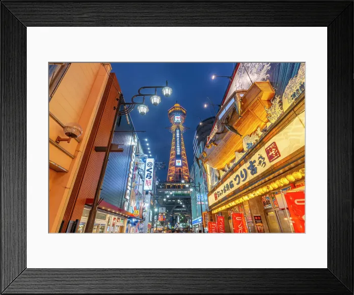 Framed Print : View of Tsutenkaku Tower and restaurants neon lights at dusk in the Shinsekai area, Osaka, Honshu, Japan Framed Print : View of Tsutenkaku Tower and restaurants neon lights at dusk in the Shinsekai area, Osaka, Honshu, Japan