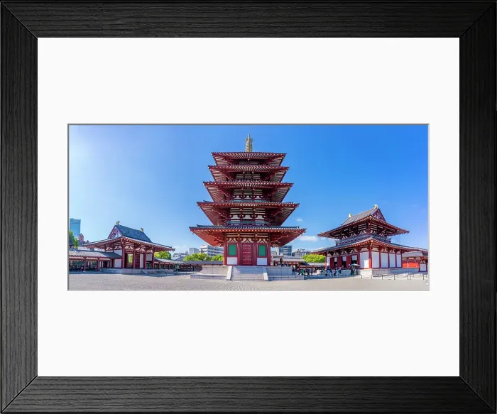 Framed Print : View of Shitenno-ji Gojunoto (Five Story Pagoda) and Shitenno-ji Kondo (Golden Hall) on sunny day, Shitennoji, Tennoji Ward, Osaka, Honshu, Japan Framed Print : View of Shitenno-ji Gojunoto (Five Story Pagoda) and Shitenno-ji Kondo (Golden Hall) on sunny day, Shitennoji, Tennoji Ward, Osaka, Honshu, Japan