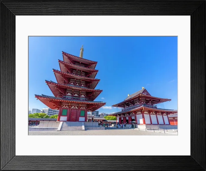 Framed Print : View of Shitenno-ji Gojunoto (Five Story Pagoda) and Shitenno-ji Kondo (Golden Hall) on sunny day, Shitennoji, Tennoji Ward, Osaka, Honshu, Japan Framed Print : View of Shitenno-ji Gojunoto (Five Story Pagoda) and Shitenno-ji Kondo (Golden Hall) on sunny day, Shitennoji, Tennoji Ward, Osaka, Honshu, Japan