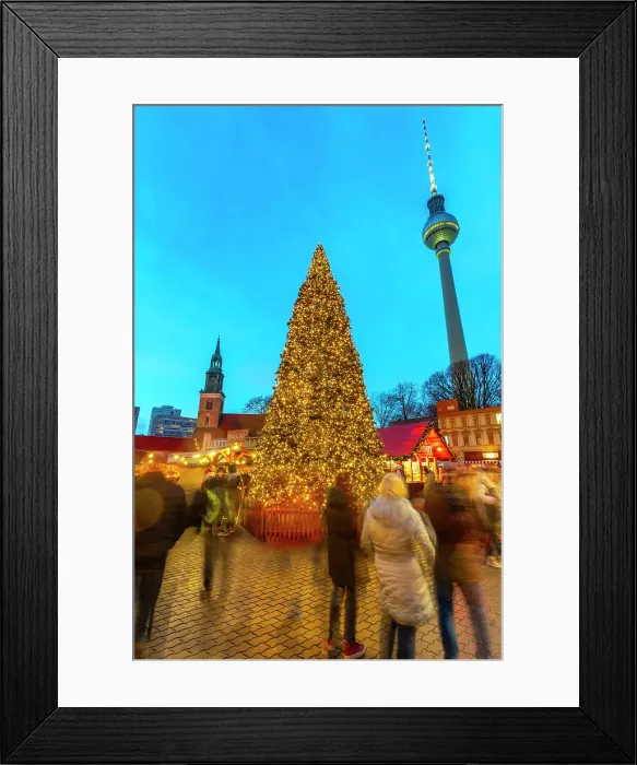 Framed Print : View of Berlin TV Tower and Christmas tree in Wasserkaskaden at dusk, Mitte, Berlin, Germany Framed Print : View of Berlin TV Tower and Christmas tree in Wasserkaskaden at dusk, Mitte, Berlin, Germany