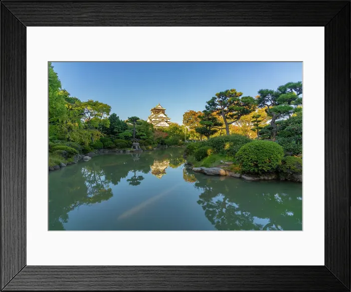 Framed Print : View of Osaka Castle (Osaka-jo) reflecting in Japanese garden pond at sunset, Chuo Ward, Osaka, Honshu, Japan