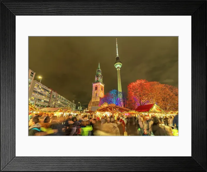 Framed Print : View of Berlin TV Tower, St. Mary's Church and Christmas market in Wasserkaskaden at dusk, Mitte, Berlin, Germany Framed Print : View of Berlin TV Tower, St. Mary's Church and Christmas market in Wasserkaskaden at dusk, Mitte, Berlin, Germany