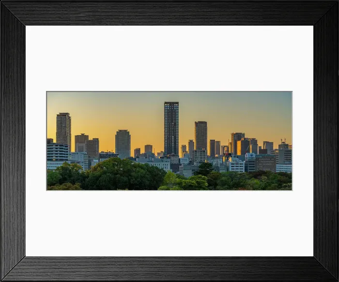 Framed Print : View of Osaka skyline from Osaka Castle at sunset, Chuo Ward, Osaka, Honshu, Japan Framed Print : View of Osaka skyline from Osaka Castle at sunset, Chuo Ward, Osaka, Honshu, Japan