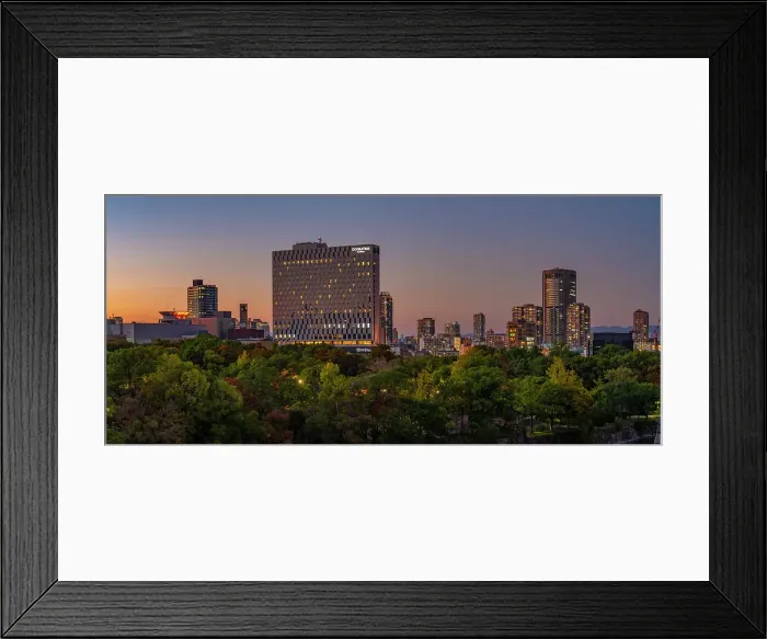Framed Print : View of Osaka skyline from Osaka Castle at dusk, Chuo Ward, Osaka, Honshu, Japan Framed Print : View of Osaka skyline from Osaka Castle at dusk, Chuo Ward, Osaka, Honshu, Japan