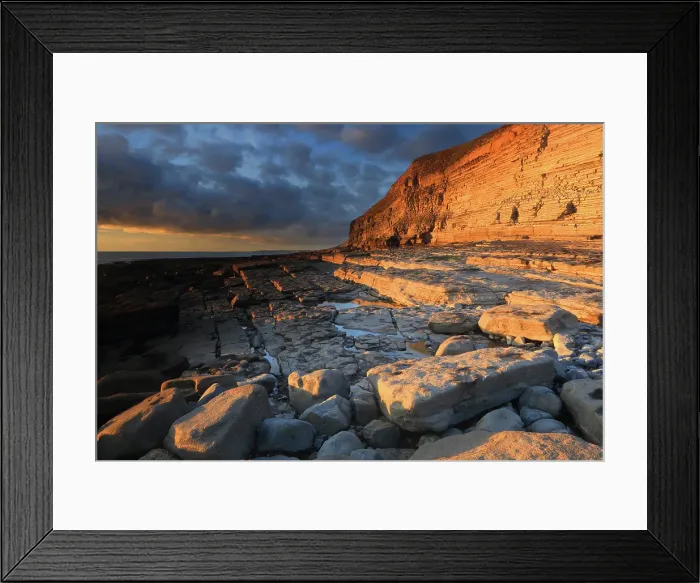 Framed Print : Golden evening light on limestone cliffs, Dunraven Bay, Southerndown, Vale of Glamorgan, Wales, United Kingdom Framed Print : Golden evening light on limestone cliffs, Dunraven Bay, Southerndown, Vale of Glamorgan, Wales, United Kingdom