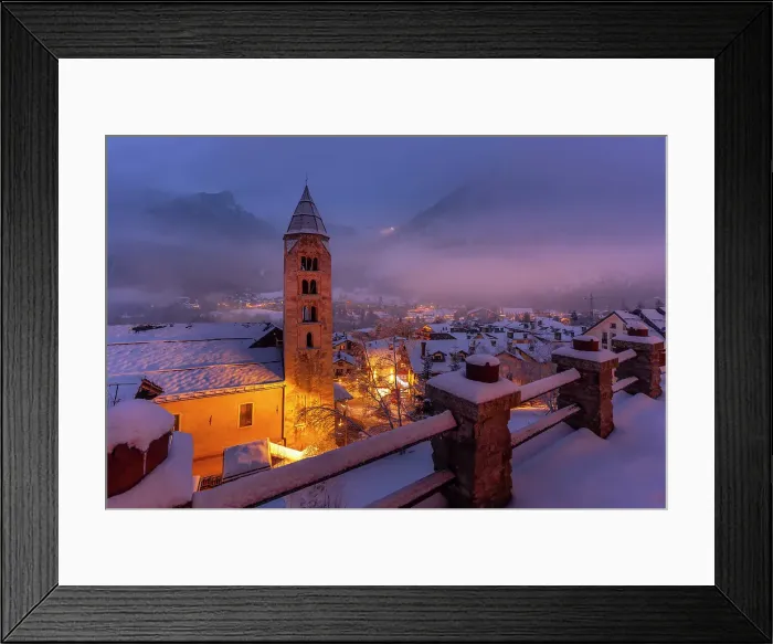 Framed Print : Church of Saint Pantalon and snow covered town centre and mountainous background in winter at dusk, Courmayeur, Aosta Valley, Italian Alps, Italy Framed Print : Church of Saint Pantalon and snow covered town centre and mountainous background in winter at dusk, Courmayeur, Aosta Valley, Italian Alps, Italy