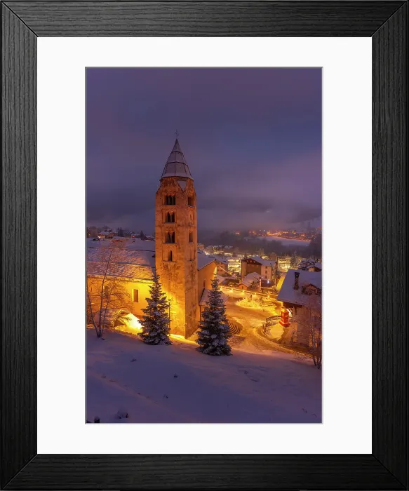 Framed Print : Church of Saint Pantalon and snow covered town centre and mountainous background in winter at dusk, Courmayeur, Aosta Valley, Italian Alps, Italy Framed Print : Church of Saint Pantalon and snow covered town centre and mountainous background in winter at dusk, Courmayeur, Aosta Valley, Italian Alps, Italy