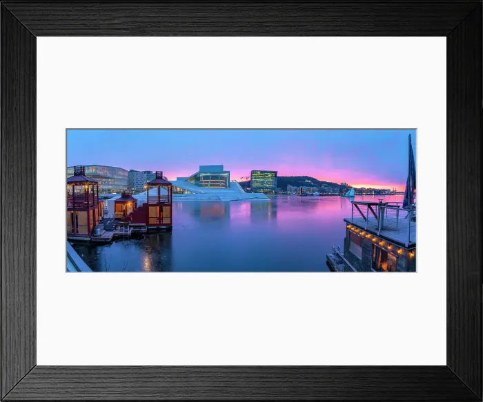 Framed Print : View of Opera House and harbourside saunas during winter at sunrise, Oslo, Norway, Scandinavia Framed Print : View of Opera House and harbourside saunas during winter at sunrise, Oslo, Norway, Scandinavia