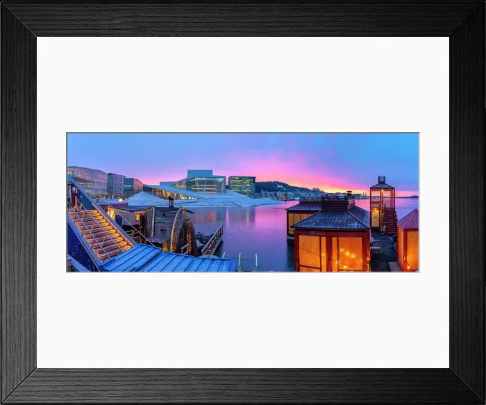 Framed Print : View of Opera House and harbourside saunas during winter at sunrise, Oslo, Norway, Scandinavia Framed Print : View of Opera House and harbourside saunas during winter at sunrise, Oslo, Norway, Scandinavia
