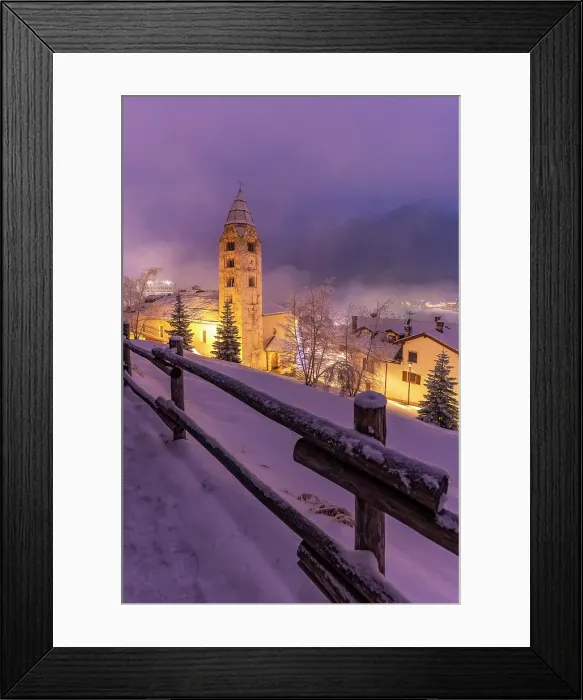 Framed Print : Church of Saint Pantalon and snow covered town centre and mountainous background in winter at dusk, Courmayeur, Aosta Valley, Italian Alps, Italy Framed Print : Church of Saint Pantalon and snow covered town centre and mountainous background in winter at dusk, Courmayeur, Aosta Valley, Italian Alps, Italy