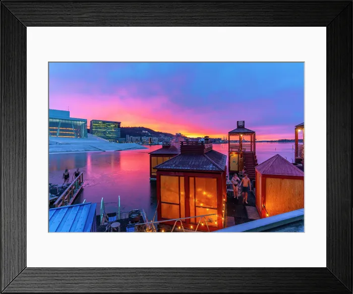 Framed Print : View of Opera House and harbourside saunas during winter at sunrise, Oslo, Norway, Scandinavia Framed Print : View of Opera House and harbourside saunas during winter at sunrise, Oslo, Norway, Scandinavia