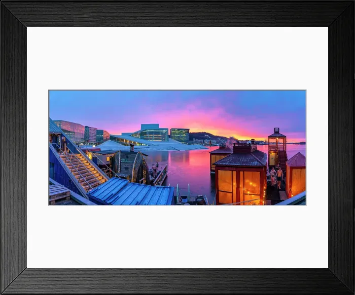 Framed Print : View of Opera House and harbourside saunas during winter at sunrise, Oslo, Norway, Scandinavia Framed Print : View of Opera House and harbourside saunas during winter at sunrise, Oslo, Norway, Scandinavia