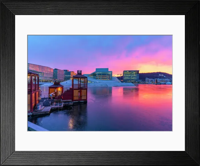 Framed Print : View of Opera House and harbourside saunas during winter at sunrise, Oslo, Norway, Scandinavia Framed Print : View of Opera House and harbourside saunas during winter at sunrise, Oslo, Norway, Scandinavia
