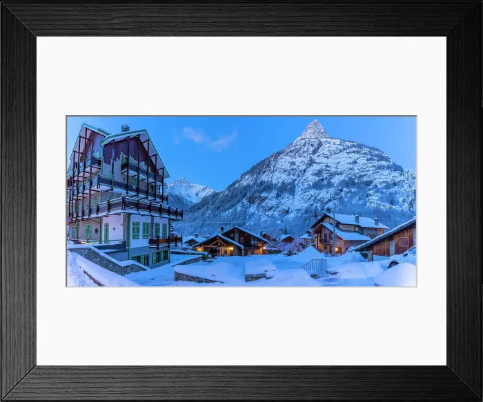 Framed Print : View of chalets and snow covered mountains in Courmayeur before dawn in winter, Courmayeur, Aosta Valley, Italian Alps, Italy Framed Print : View of chalets and snow covered mountains in Courmayeur before dawn in winter, Courmayeur, Aosta Valley, Italian Alps, Italy