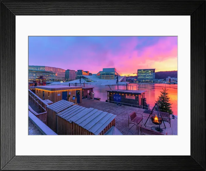 Framed Print : View of Opera House and harbourside saunas during winter at sunrise, Oslo, Norway, Scandinavia Framed Print : View of Opera House and harbourside saunas during winter at sunrise, Oslo, Norway, Scandinavia