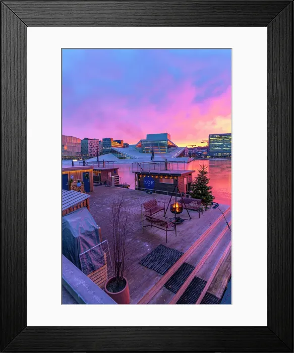 Framed Print : View of Opera House and harbourside saunas during winter at sunrise, Oslo, Norway, Scandinavia Framed Print : View of Opera House and harbourside saunas during winter at sunrise, Oslo, Norway, Scandinavia
