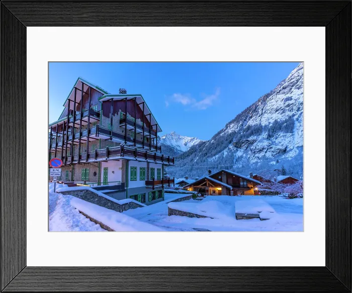 Framed Print : View of chalets and snow covered mountains in Courmayeur before dawn in winter, Courmayeur, Aosta Valley, Italian Alps, Italy Framed Print : View of chalets and snow covered mountains in Courmayeur before dawn in winter, Courmayeur, Aosta Valley, Italian Alps, Italy