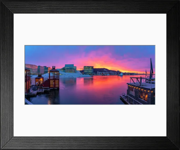 Framed Print : View of Opera House and harbourside saunas during winter at sunrise, Oslo, Norway, Scandinavia Framed Print : View of Opera House and harbourside saunas during winter at sunrise, Oslo, Norway, Scandinavia