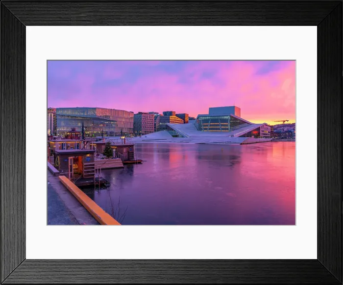 Framed Print : View of Opera House and harbourside saunas during winter at sunrise, Oslo, Norway, Scandinavia Framed Print : View of Opera House and harbourside saunas during winter at sunrise, Oslo, Norway, Scandinavia