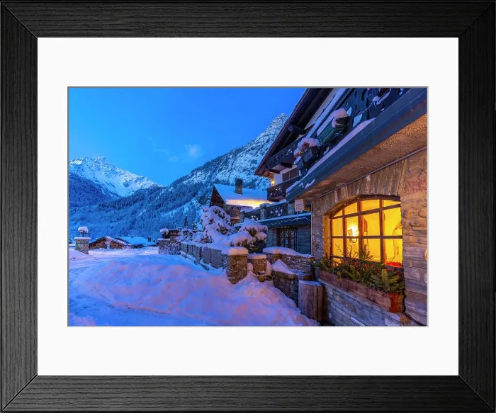 Framed Print : View of chalets and snow covered mountains in Courmayeur before dawn in winter, Courmayeur, Aosta Valley, Italian Alps, Italy Framed Print : View of chalets and snow covered mountains in Courmayeur before dawn in winter, Courmayeur, Aosta Valley, Italian Alps, Italy