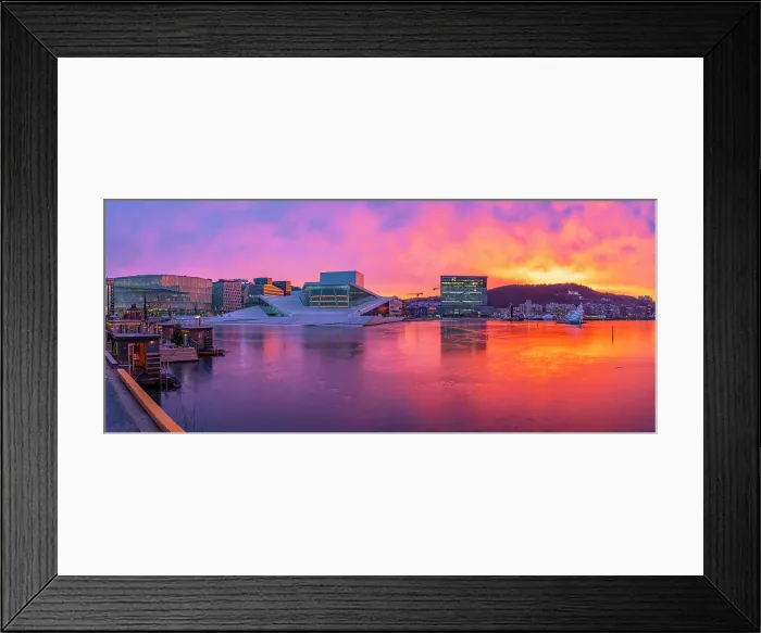 Framed Print : View of Opera House and harbourside saunas during winter at sunrise, Oslo, Norway, Scandinavia Framed Print : View of Opera House and harbourside saunas during winter at sunrise, Oslo, Norway, Scandinavia
