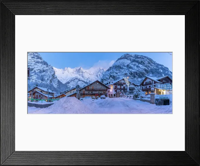 Framed Print : View of chalets and snow covered mountains in Courmayeur before dawn in winter, Courmayeur, Aosta Valley, Italian Alps, Italy Framed Print : View of chalets and snow covered mountains in Courmayeur before dawn in winter, Courmayeur, Aosta Valley, Italian Alps, Italy
