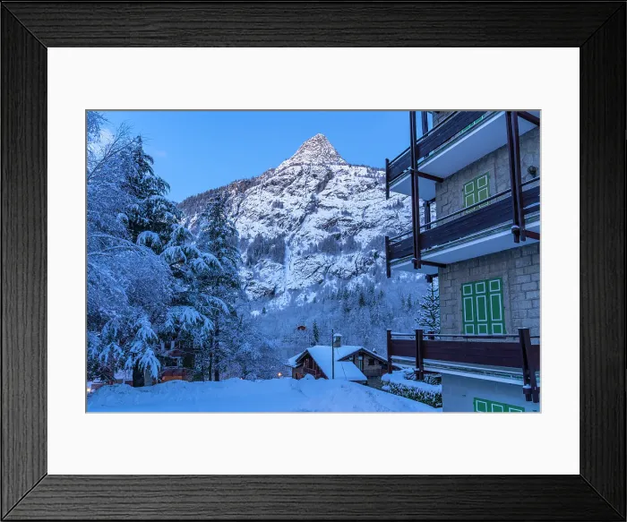Framed Print : View of chalets and snow covered mountains in Courmayeur before dawn in winter, Courmayeur, Aosta Valley, Italian Alps, Italy Framed Print : View of chalets and snow covered mountains in Courmayeur before dawn in winter, Courmayeur, Aosta Valley, Italian Alps, Italy