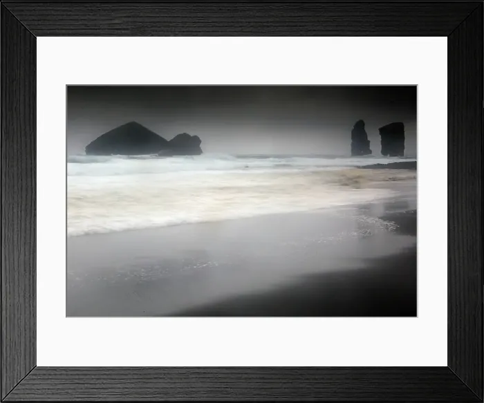 Framed Print : Sea stacks and beach, Mosteiros, Sao Miguel, Azores Islands, Portugal