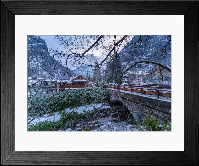 Framed Print : View of hotels and lodges with mountains in background during winter, Courmayeur, Aosta Valley, Italy Framed Print : View of hotels and lodges with mountains in background during winter, Courmayeur, Aosta Valley, Italy