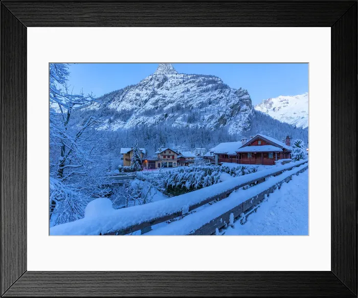 Framed Print : View of chalets and snow covered mountains in Courmayeur before dawn in winter, Courmayeur, Aosta Valley, Italian Alps, Italy Framed Print : View of chalets and snow covered mountains in Courmayeur before dawn in winter, Courmayeur, Aosta Valley, Italian Alps, Italy