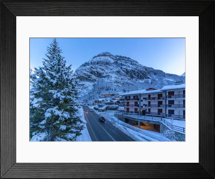 Framed Print : View of chalets and snow covered mountains in Courmayeur before dawn in winter, Courmayeur, Aosta Valley, Italian Alps, Italy Framed Print : View of chalets and snow covered mountains in Courmayeur before dawn in winter, Courmayeur, Aosta Valley, Italian Alps, Italy