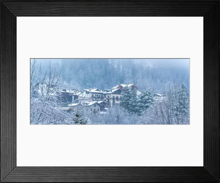 Framed Print : View of frosted trees and chalets in Dolonne during winter, Courmayeur, Aosta Valley, Italy Framed Print : View of frosted trees and chalets in Dolonne during winter, Courmayeur, Aosta Valley, Italy