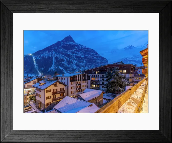 Framed Print : View of snow covered rooftops with mountainous background at dusk, Courmayeur, Aosta Valley, Italy Framed Print : View of snow covered rooftops with mountainous background at dusk, Courmayeur, Aosta Valley, Italy