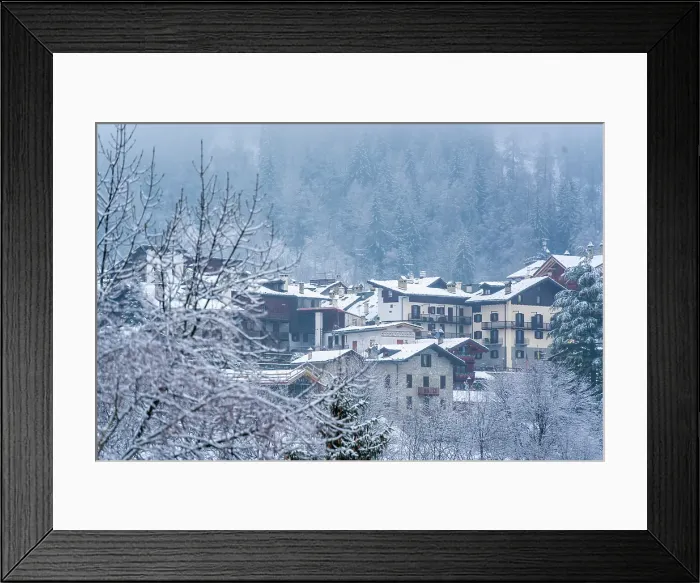 Framed Print : View of frosted trees and chalets in Dolonne during winter, Courmayeur, Aosta Valley, Italy Framed Print : View of frosted trees and chalets in Dolonne during winter, Courmayeur, Aosta Valley, Italy