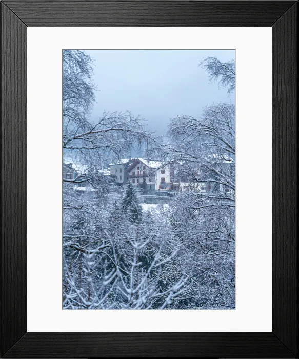 Framed Print : View of frosted trees and chalets in Dolonne during winter, Courmayeur, Aosta Valley, Italy Framed Print : View of frosted trees and chalets in Dolonne during winter, Courmayeur, Aosta Valley, Italy