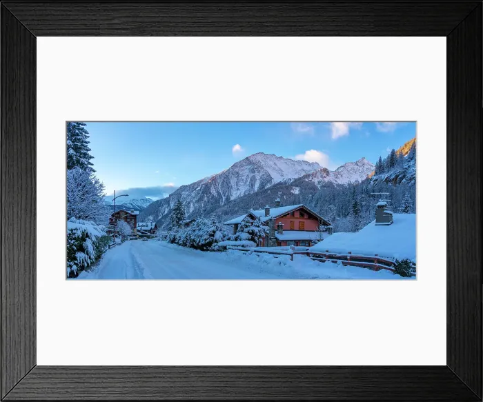Framed Print : View of hotels, chalets and snow covered mountains in Courmayeur at sunrise in winter, Courmayeur, Aosta Valley, Italian Alps, Italy Framed Print : View of hotels, chalets and snow covered mountains in Courmayeur at sunrise in winter, Courmayeur, Aosta Valley, Italian Alps, Italy