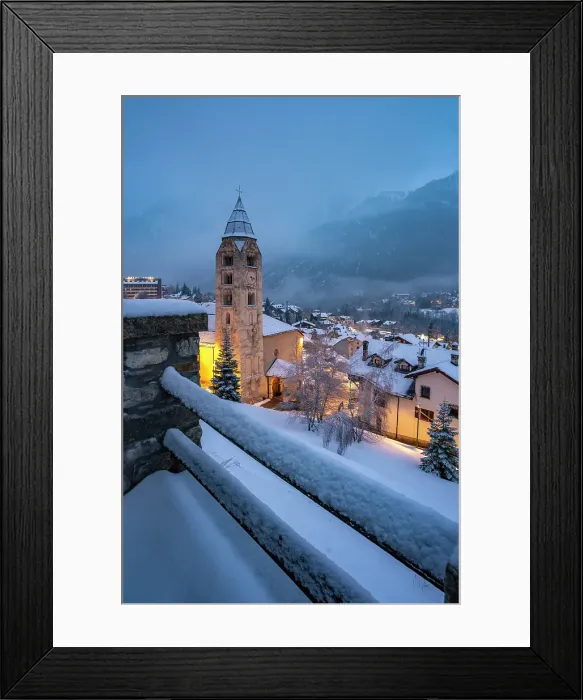 Framed Print : Church of Saint Pantalon, snow covered town centre and mountainous background in winter at dusk, Courmayeur, Aosta Valley, Italian Alps, Italy Framed Print : Church of Saint Pantalon, snow covered town centre and mountainous background in winter at dusk, Courmayeur, Aosta Valley, Italian Alps, Italy