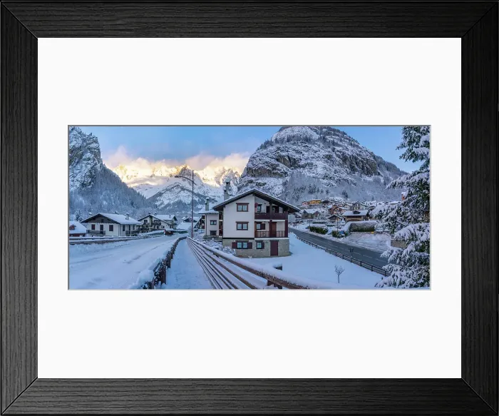 Framed Print : View of hotels, chalets and snow covered mountains in Courmayeur at sunrise in winter, Courmayeur, Aosta Valley, Italian Alps, Italy Framed Print : View of hotels, chalets and snow covered mountains in Courmayeur at sunrise in winter, Courmayeur, Aosta Valley, Italian Alps, Italy