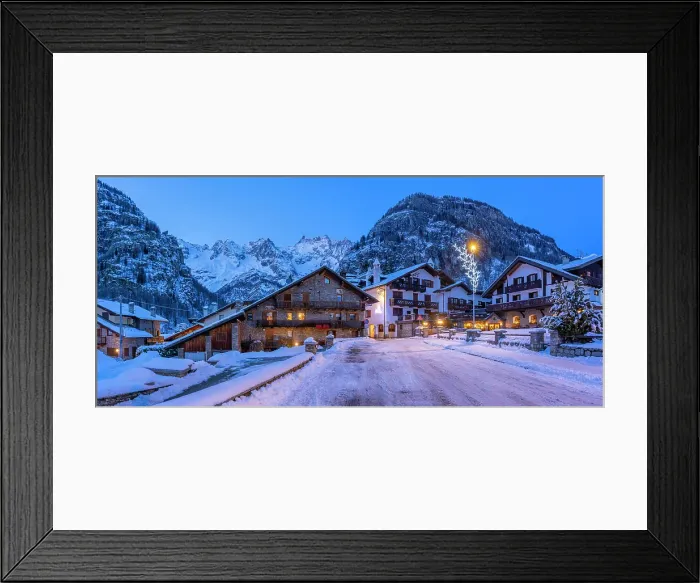 Framed Print : View of town centre and snow covered mountains in background at dusk, Courmayeur, Aosta Valley, Italian Alps, Italy Framed Print : View of town centre and snow covered mountains in background at dusk, Courmayeur, Aosta Valley, Italian Alps, Italy