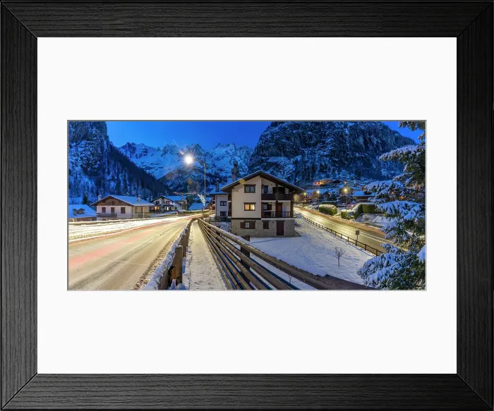 Framed Print : View of chalets and snow covered mountains in Courmayeur at dusk in winter, Courmayeur, Aosta Valley, Italian Alps, Italy