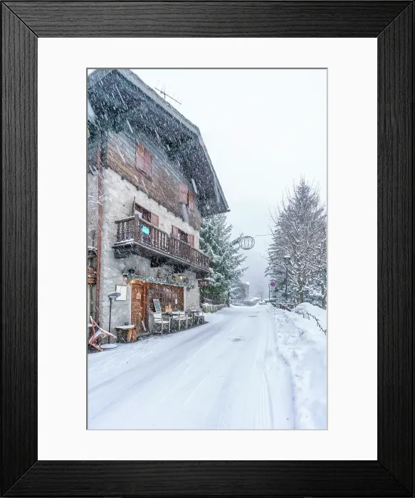 Framed Print : View of snow covered wooden houses in Entreves in winter, Entreves, Aosta Valley, Italian Alps, Italy Framed Print : View of snow covered wooden houses in Entreves in winter, Entreves, Aosta Valley, Italian Alps, Italy