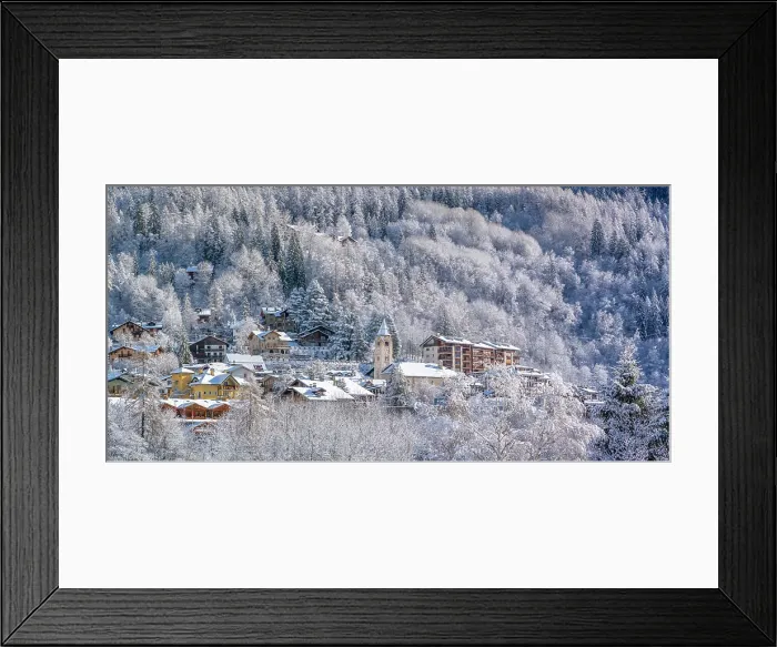 Framed Print : View of snow covered trees and Courmayeur from Dolonne in winter, Courmayeur, Aosta Valley, Italian Alps, Italy Framed Print : View of snow covered trees and Courmayeur from Dolonne in winter, Courmayeur, Aosta Valley, Italian Alps, Italy