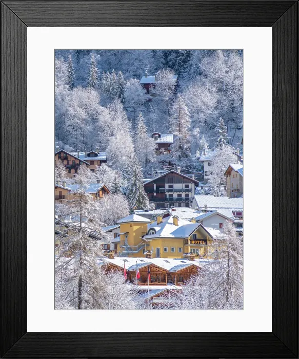 Framed Print : View of snow covered trees and Courmayeur from Dolonne in winter, Courmayeur, Aosta Valley, Italian Alps, Italy Framed Print : View of snow covered trees and Courmayeur from Dolonne in winter, Courmayeur, Aosta Valley, Italian Alps, Italy