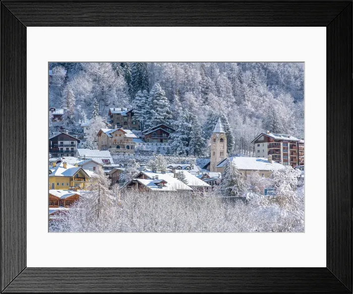 Framed Print : View of snow covered trees and Courmayeur from Dolonne in winter, Courmayeur, Aosta Valley, Italian Alps, Italy Framed Print : View of snow covered trees and Courmayeur from Dolonne in winter, Courmayeur, Aosta Valley, Italian Alps, Italy