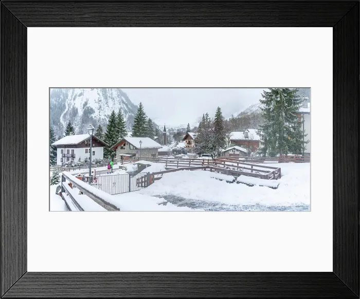 Framed Print : View of snow covered wooden houses and church in Entreves in winter, Entreves, Aosta Valley, Italian Alps, Italy Framed Print : View of snow covered wooden houses and church in Entreves in winter, Entreves, Aosta Valley, Italian Alps, Italy