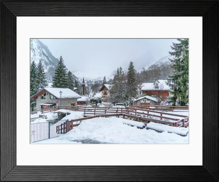 Framed Print : View of snow covered wooden houses and church in Entreves in winter, Entreves, Aosta Valley, Italian Alps, Italy Framed Print : View of snow covered wooden houses and church in Entreves in winter, Entreves, Aosta Valley, Italian Alps, Italy