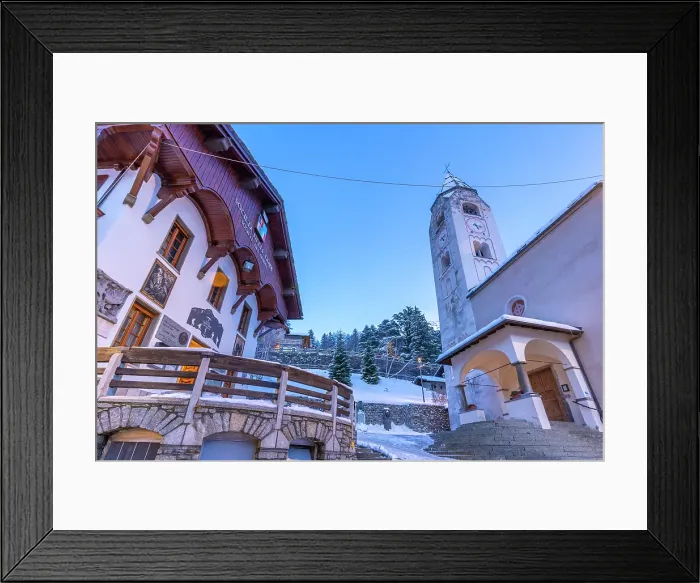 Framed Print : View of Church of Saint Pantalon in Piazza Abbe Henry at dusk, Courmayeur, Aosta Valley, Italian Alps, Italy Framed Print : View of Church of Saint Pantalon in Piazza Abbe Henry at dusk, Courmayeur, Aosta Valley, Italian Alps, Italy
