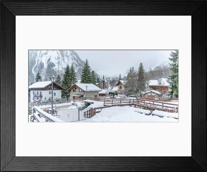 Framed Print : View of snow covered houses and church in Entreves in winter, Entreves, Aosta Valley, Italian Alps, Italy